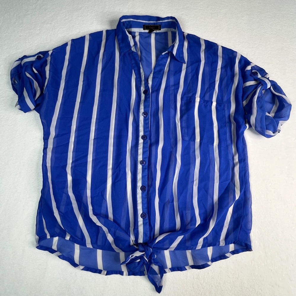 Blue & White Sheer Striped Tie Front Button Down Shirt Womens Sz Large Cover Up